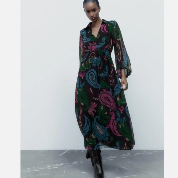 Zara Black/Multicolored Paisley Print Chiffon Balloon Sleeve Mosaic Dress NWT XS - Picture 1 of 16